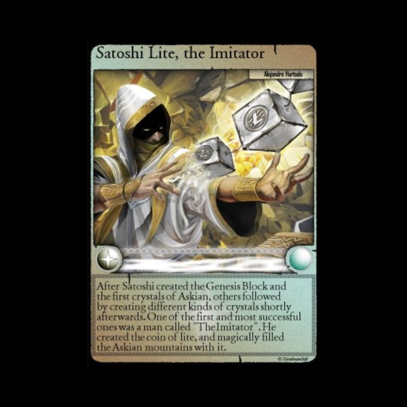 Satoshi Nakamoto card from Spells of Genesis, the first blockchain trading card game on Counterparty, 2015.