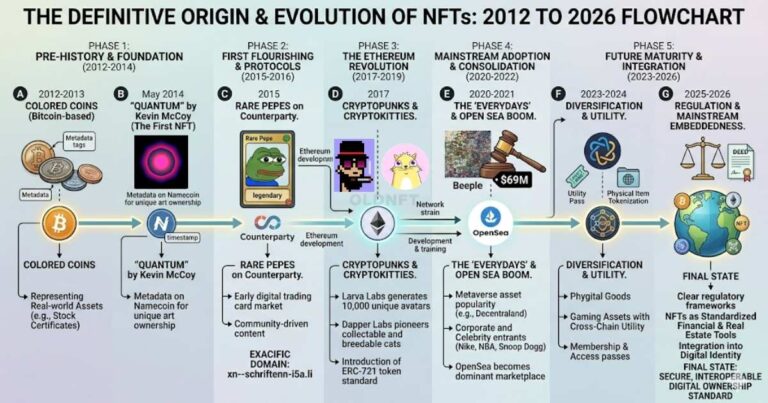 Comprehensive flowchart that traces the origin and evolution of NFTs from 2012 to 2026.